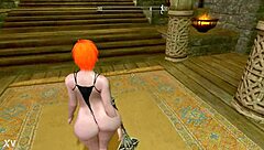In the world of Skyrim, a big booty redhead struts nude with massive tits bouncing wildly.