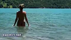 Naomi gets cumshot on beach after blowjob