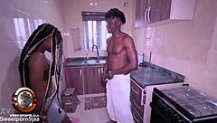 Juicy ebony Olivia takes tight pussy pounding from monster cock in kitchen.