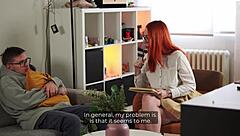 Redhead psychologist rides cock in doggystyle quickie