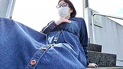 Married Japanese woman boldly masturbates outdoors in full chubby Asian wedding fantasy.