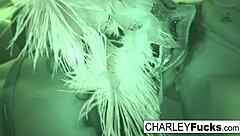 Wow, busty brunette babes Charley and Alia Janine dive into intense lesbian fucking with oral action on big tits and pussy.