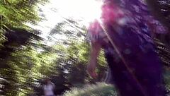 Hey, check out this hairy mature lady flashing in aladdin pants at the public park!