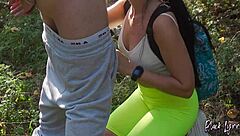 Horny brunette teen hiker bends over for intense outdoor forest quickie with big cock blowjob doggystyle pounding and cum on ass.