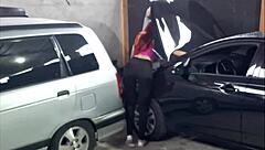 Redhead amateur takes her car to the mechanic for repairs and enjoys the service experience