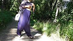 Hey, check out this hairy mature lady flashing in aladdin pants at the public park!