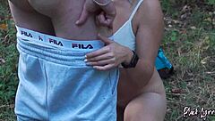 Horny brunette teen hiker bends over for intense outdoor forest quickie with big cock blowjob doggystyle pounding and cum on ass.