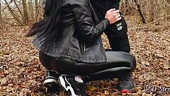 LONG HAIRED BRUNETTE TEEN IN LEATHER LEGGINGS GETS FACEFUCKED OUTDOORS WITH CUMSHOT