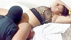 Brazilian ebony crossdresser gives blowjob to masked guy until quick creampie in fetish encounter