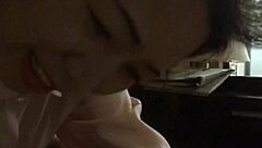 Japanese brunette couple enjoys daytime hardcore with blowjob orgasm and hairy pussy close up.