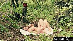 sexy green-eyed brunette with big tits fingers her tight pussy outdoors to orgasm