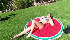 Curvy Latina woman with large chest enjoys outdoor encounter with service worker by the pool