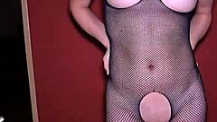 big natural tits japanese mature in fishnets gives oiled handjob rubbing cock on pussy