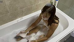 Naked Brunette Milf Sings Wildly In The Bath, Showing Hairy Pussy!
