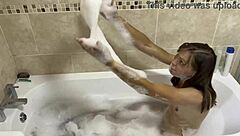Naked Brunette Milf Sings Wildly In The Bath, Showing Hairy Pussy!