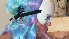 Bad bunny in Halloween costume teases with striptease then deepthroats huge cock for mouthful of cum squirting wet pussy