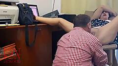 I feel the office domination as femdom lady boss makes employee lick her wet tight pussy on hidden cam.