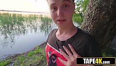 sporty russian cougar with fit body picks up nerdy guy during jog and heads home