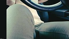 Woman in jeans stuck in traffic ends up with an accident.