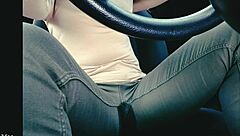 Woman in jeans stuck in traffic ends up with an accident.