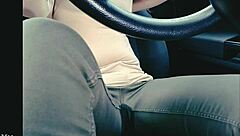 Woman in jeans stuck in traffic ends up with an accident.