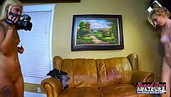 petite blonde olyssia and coed bailey subtly share deepthroat action on a hard cock