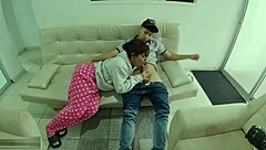 Accidental glimpse of stepsibling masturbating leads to helpful intervention in homemade scene