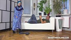 Sexy babe in blue hijab loves playing with hard dick!