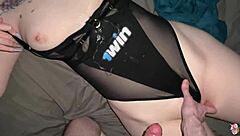 hot brunette sees my dick and wants to learn sucking so i fuck her rough pov in stockings