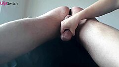 She begins with a soothing massage that turns into intense cock milking while he's bound.