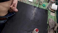 Skinny young amateur strokes huge cock solo on workbench at work