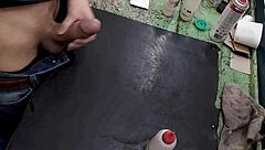 Skinny young amateur strokes huge cock solo on workbench at work