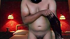 trying on full body stocking naked with blue masquerade mask collared in sexy room for bondage play