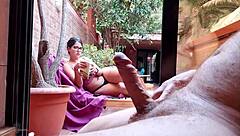 Stepson Pulls Out Big Cock on Terrace, Excites Looking at Me Behind Window Without Bra, Shows Erection to Neighbors While Nipples Harden