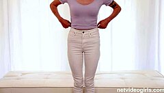 This petite redhead babe shines in casting interview on sofa with shaved pussy 😏