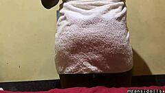 mature mum strips naked and teases with wet pussy foreplay for two young village men in country ranch