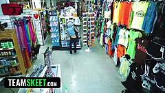 Exotic Asian Luna Lux Gets Wild Blowbang and Gangbang in Shop After Getting Caught!
