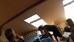 oh wow look at this big dick blowjob threesome party in school uniform skirts stockings and high heels backstage