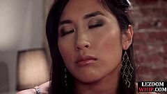 Ebony busty babes engage in lesbian ass licking and strapon domination with bondage.