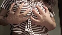 Hot Indian milf teases her big natural tits and lactating nipples on webcam in solo masturbation close-up