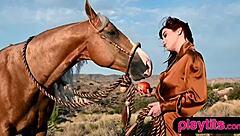 I feel so excited watching this big ass curvy redhead milf expose her big tits and ride that horse outdoors