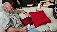 Old man licks young brunette's big ass before facial cumshot