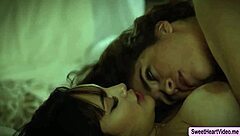 lesbian couples face sitting on the bed with kissing and muff diving for orgasm