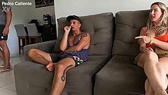 This naughty married blonde with big ass and natural tits gets wild in group quickie while hiding from husband