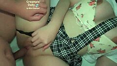 i enjoyed creampie in tight shaved pussy of student in miniskirt with clothes ripped in bedroom