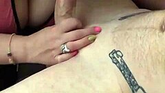 Little mama milks huge uncut cock covering her fat tits with hot cum