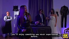 She's so into blowjob amusement with that cute brunette bride dominating in wedding dress fetish and shaved pussy ecstasy