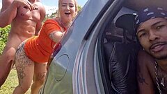 specific details of amateur latina pornstar in interracial threesome group at public location