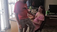 Brunette in dress plays with his cock showing natural tits in homemade amateur scene