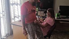 Brunette in dress plays with his cock showing natural tits in homemade amateur scene